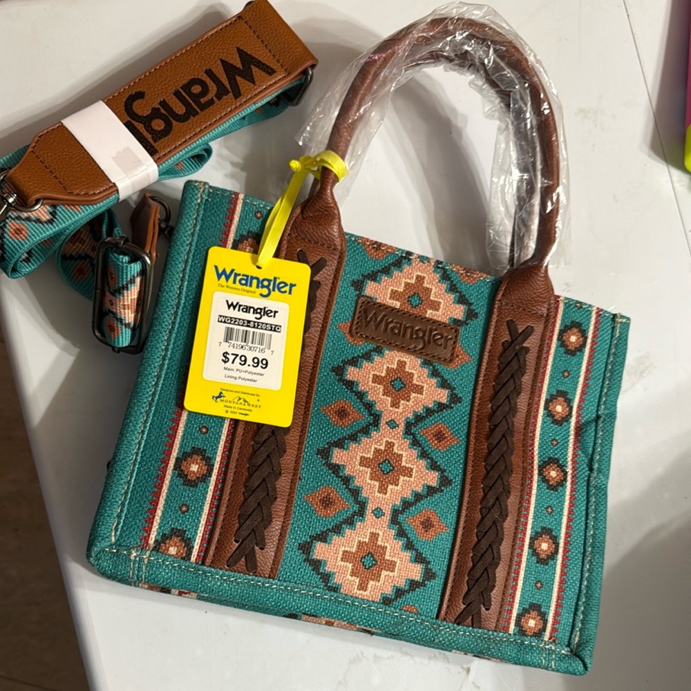 Wrangler Tote Crossbody Turquoise and Brown Aztec Print w/ Guitar Strap NEW